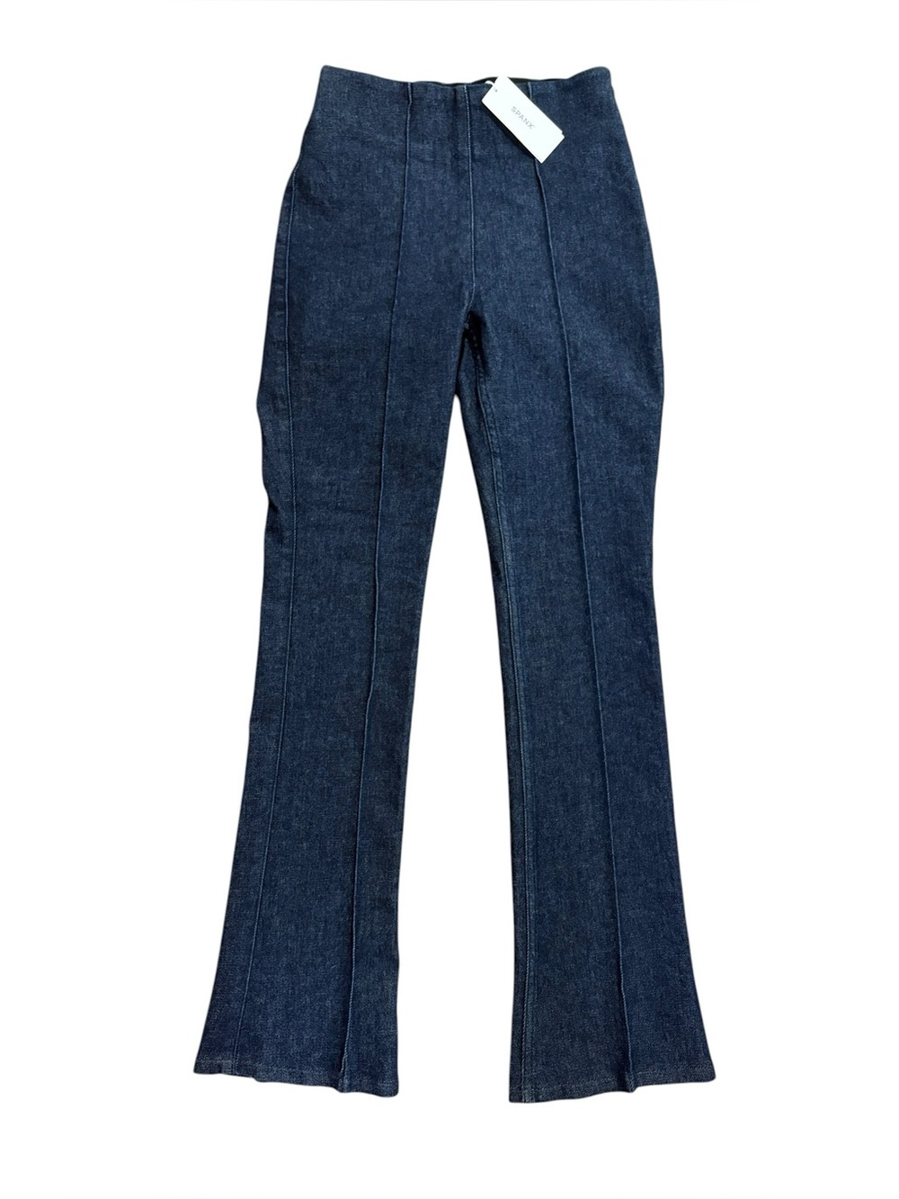 Spanx Denim Demi Boot Flare Jeans Raw Indigo Blue High Rise Pin Tuck XS Petite